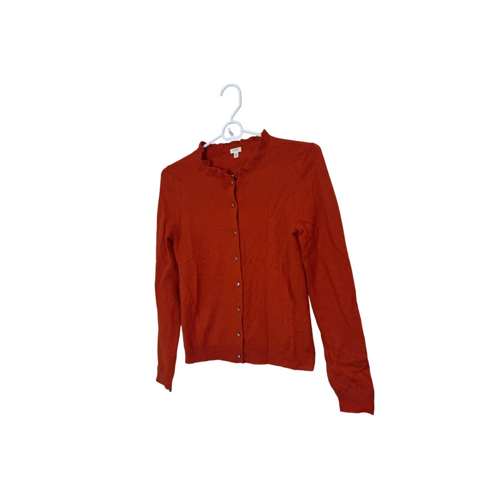 J Crew Sweater Womens XS Orange Ruffle Neck Button Cardigan Wool‎ Blend Knit